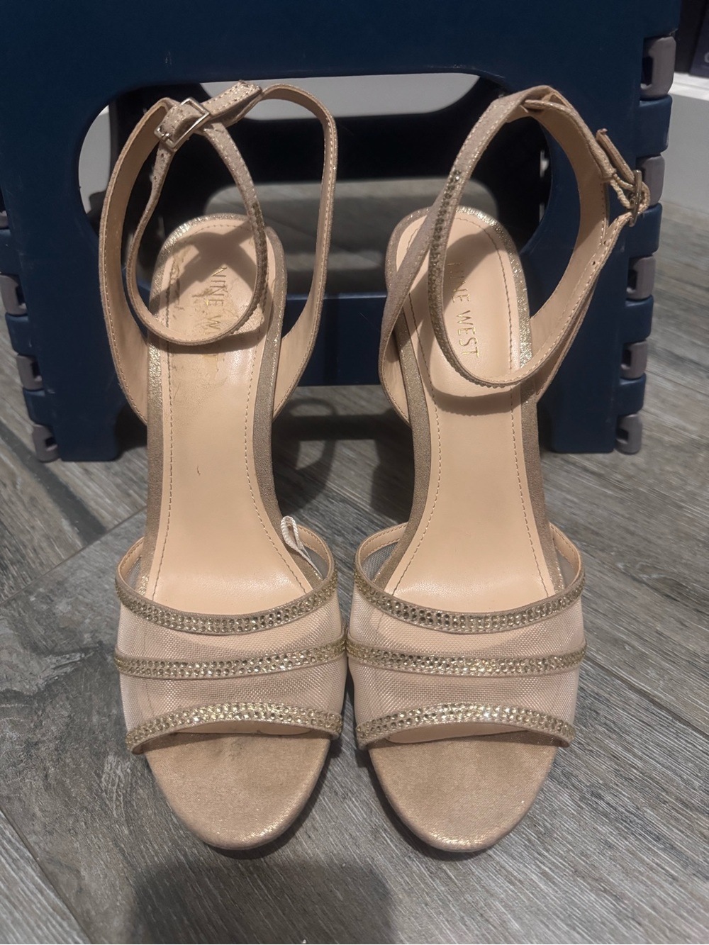 Nine West Beige Gold-Trim Ankle-Strap Heels